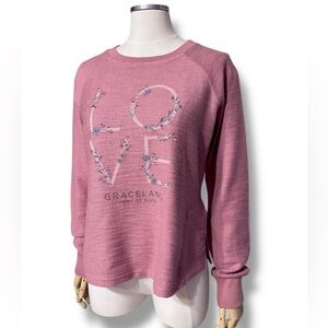 GRACELAND Pink French Terry Knit Cotton Blend Crew Neck Top Love Graphic